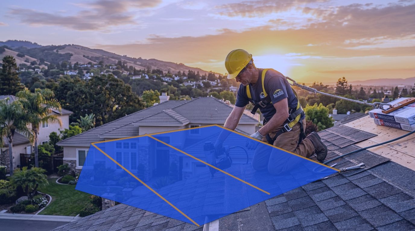 Roofer securing emergency tarp on damaged roof at dusk